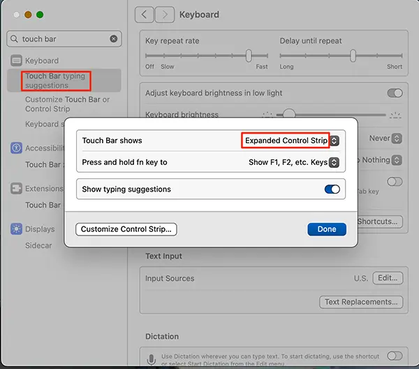 Changing the Touch Bar settings in System Settings