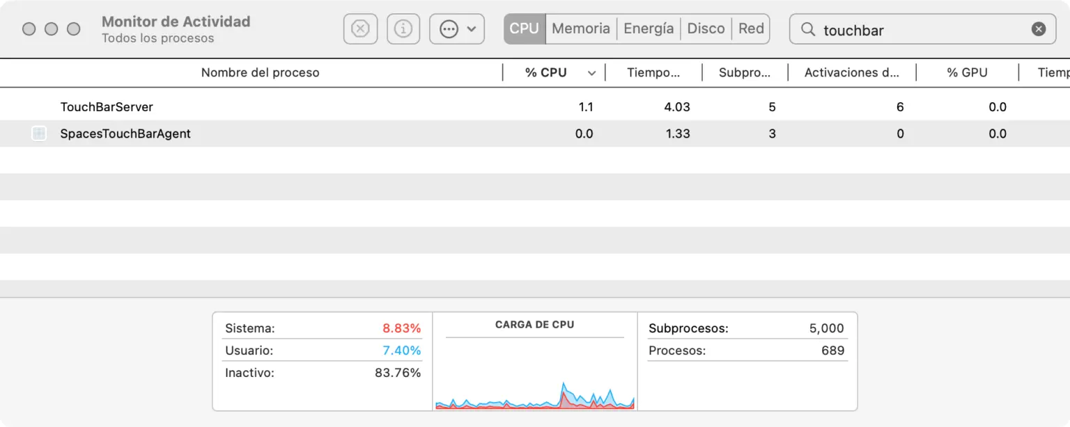Searching TouchBarServer in Activity Monitor