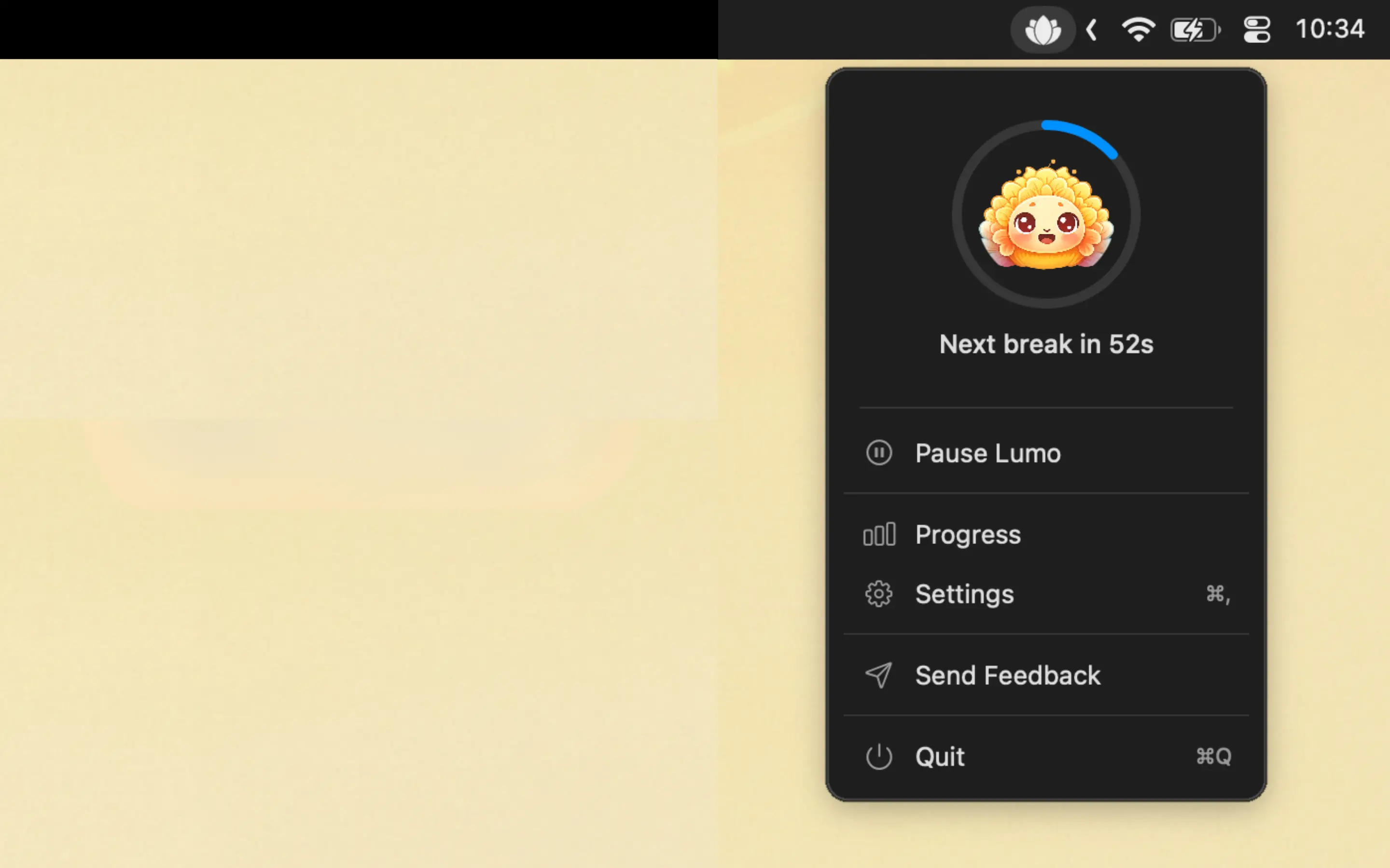 Lumo menu bar dropdown showing lotus flower progress